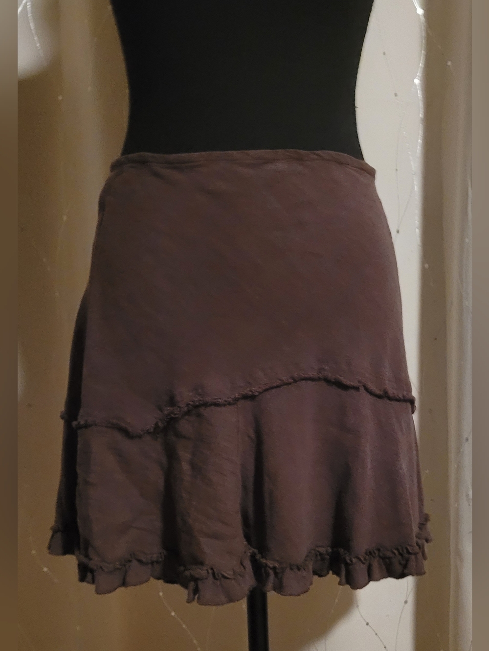 ​UNIF Brown Rayon Linen Blend Ruffle Hem Mini Skirt NWT Size L